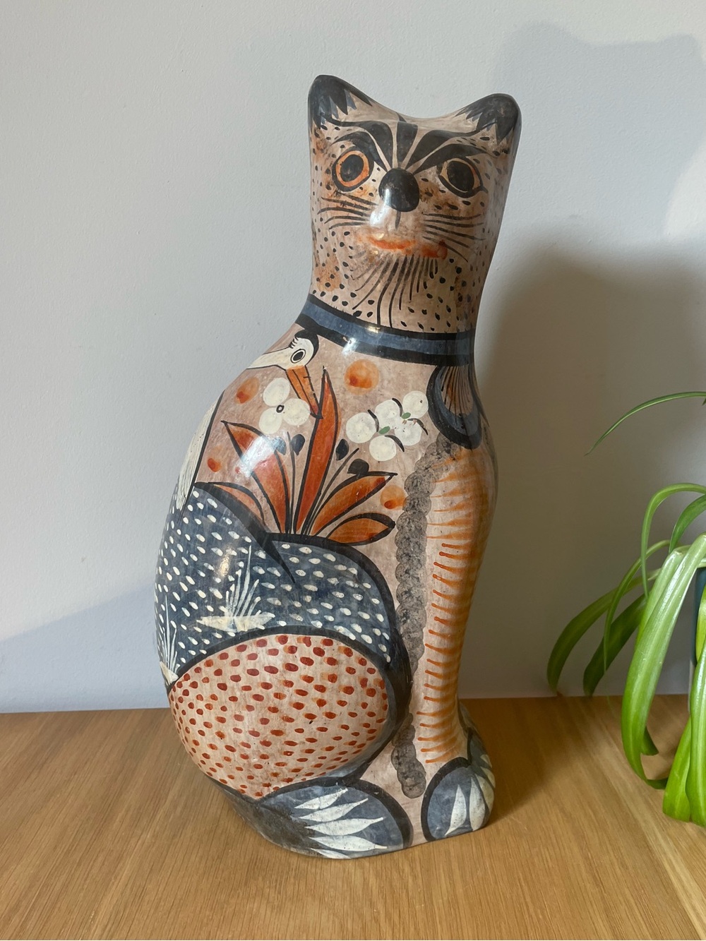 Vintage Large 14” Tonalá Mexican Pottery Cat Signed Folk Art